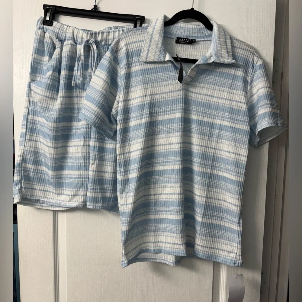 BoohooMAN Tall Slim Revere Abstract Textured Polo Short Set light blue-S
